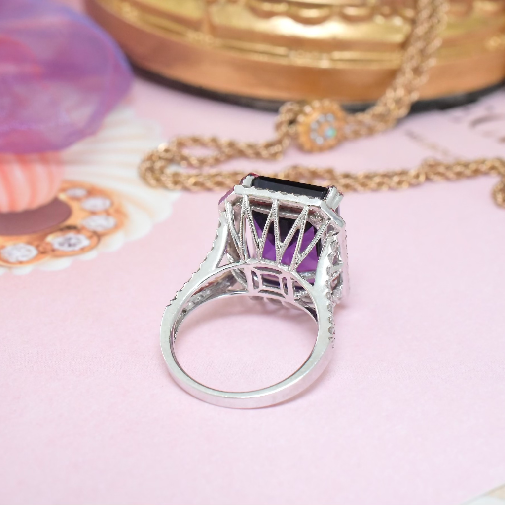 Contemporary 14ct White Gold Amethyst And Diamond Ring Independent Valuation Included $6290.00 AUD