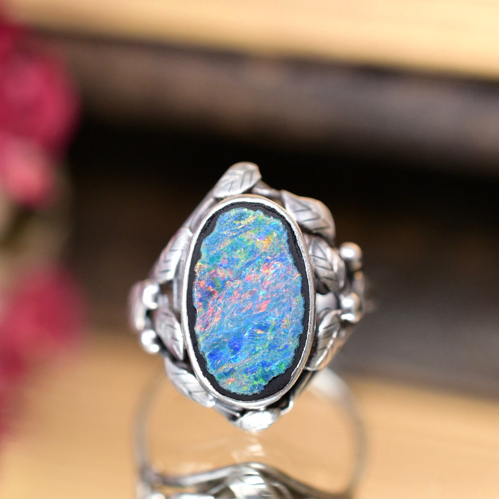 Vintage Australian Sterling Silver Black Opal Doublet Ring Attributed to Rhoda Wager