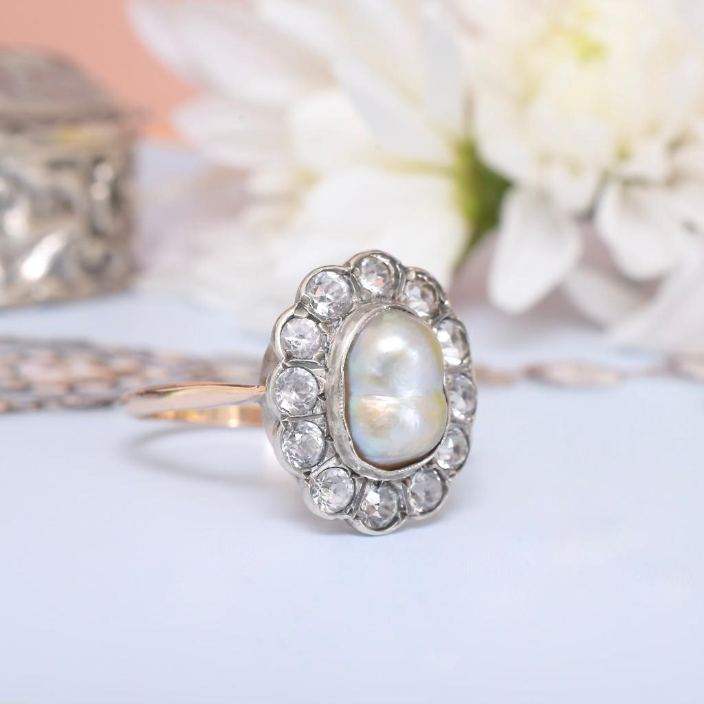 Antique Edwardian 9ct Gold And Silver Baroque Pearl White Sapphire Ring Circa 1910’s