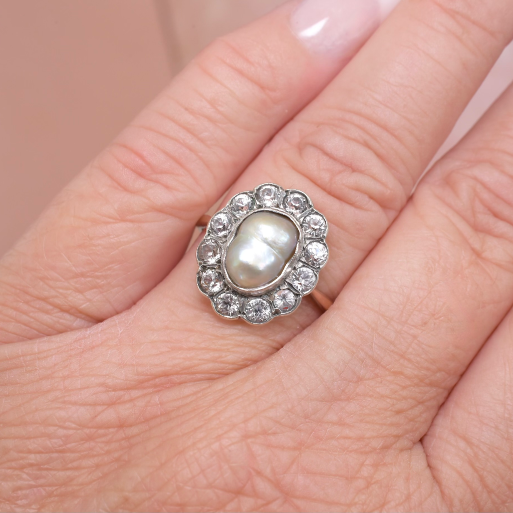 Antique Edwardian 9ct Gold And Silver Baroque Pearl White Sapphire Ring Circa 1910’s