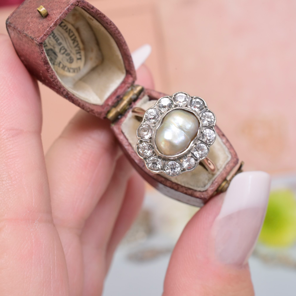 Antique Edwardian 9ct Gold And Silver Baroque Pearl White Sapphire Ring Circa 1910’s