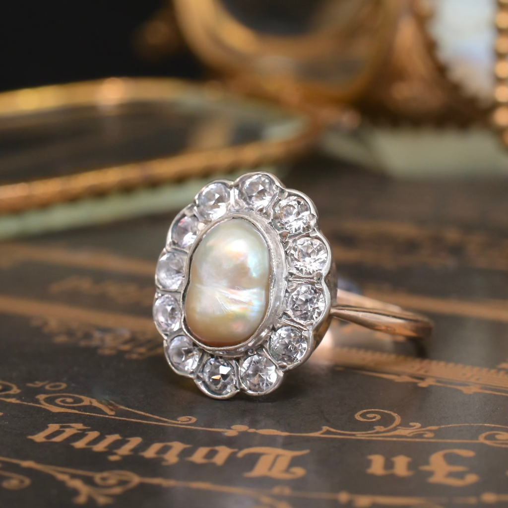 Antique Edwardian 9ct Gold And Silver Baroque Pearl White Sapphire Ring Circa 1910’s