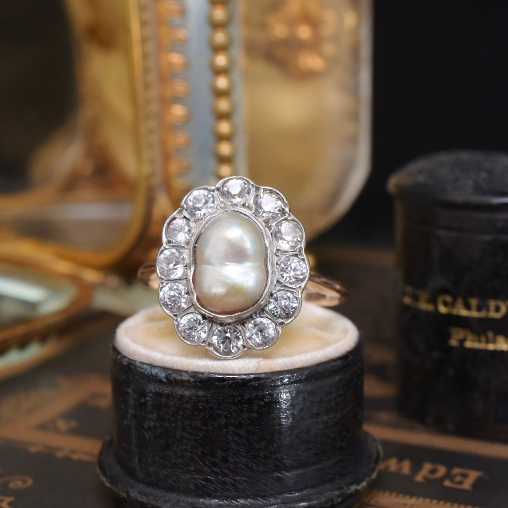 Antique Edwardian 9ct Gold And Silver Baroque Pearl White Sapphire Ring Circa 1910’s