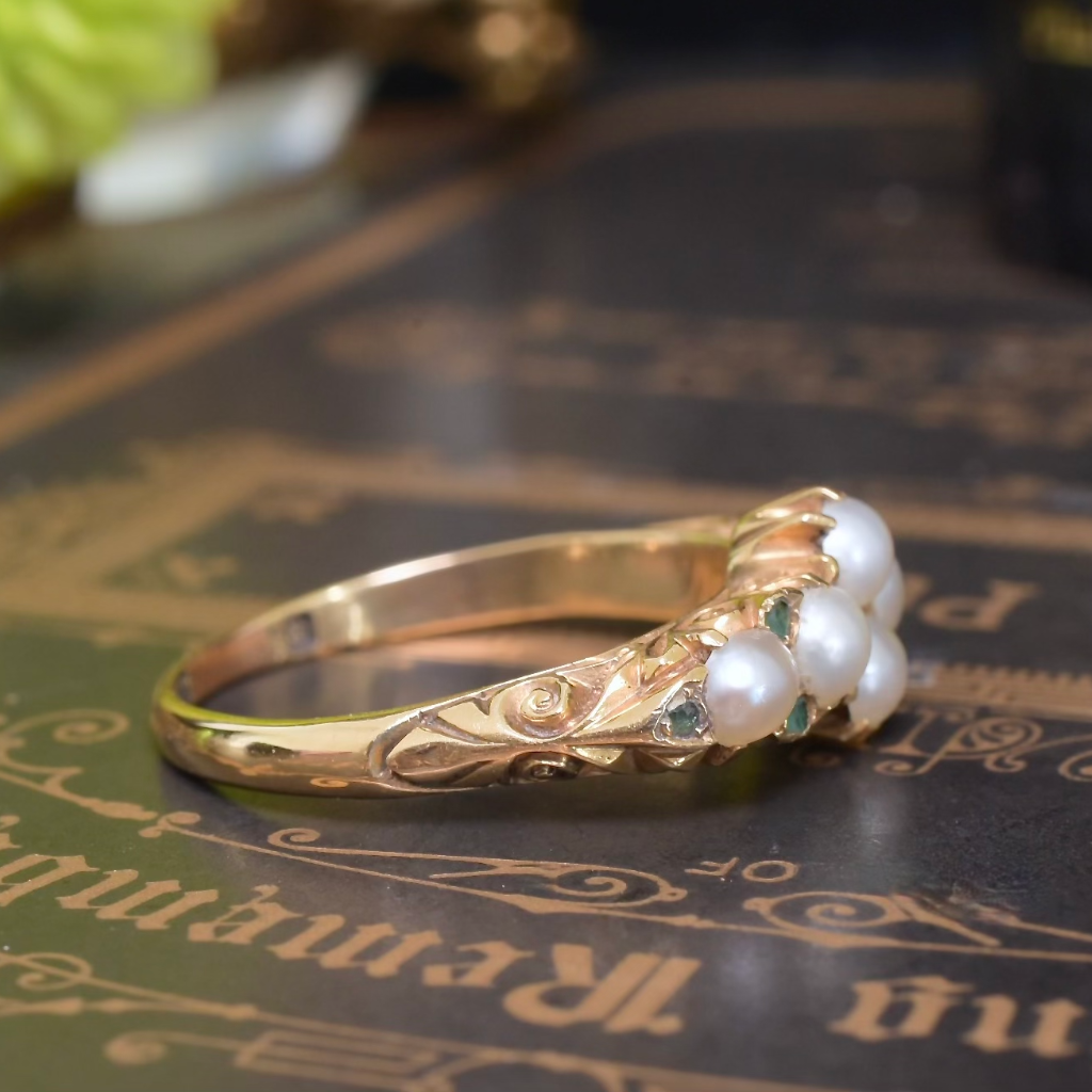 Antique Victorian 18ct Yellow Gold Half Pearl And Emerald Ring - 1898