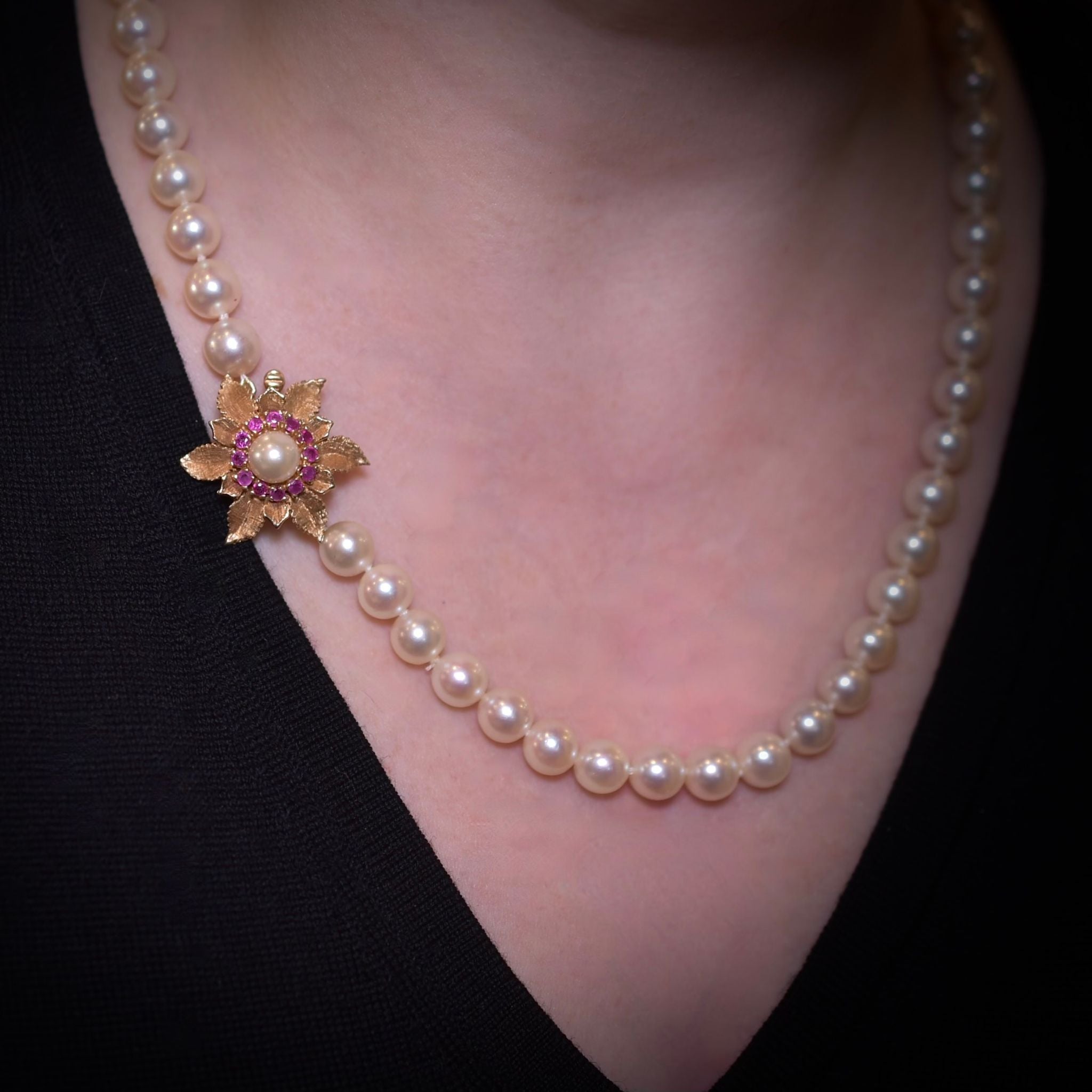 Superb Modern 14ct Yellow Gold, Ruby And Akoya Pearl ‘Matinee’ Necklace