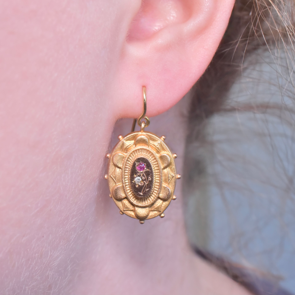 Antique Victorian 9ct Rose Gold Ruby And Diamond Earrings Circa 1900