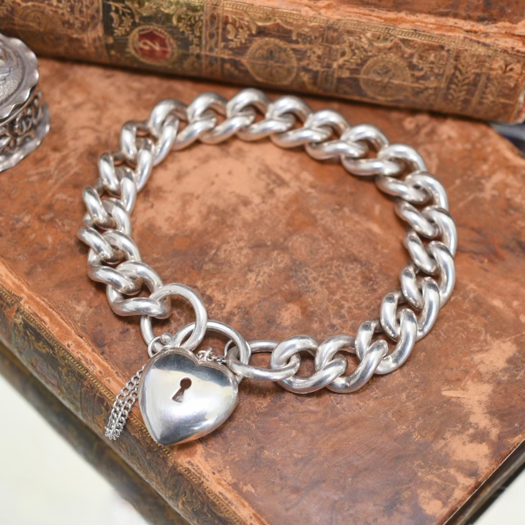 Contemporary Solid Sterling Silver Curb-link Padlock Bracelet - 86 Grams