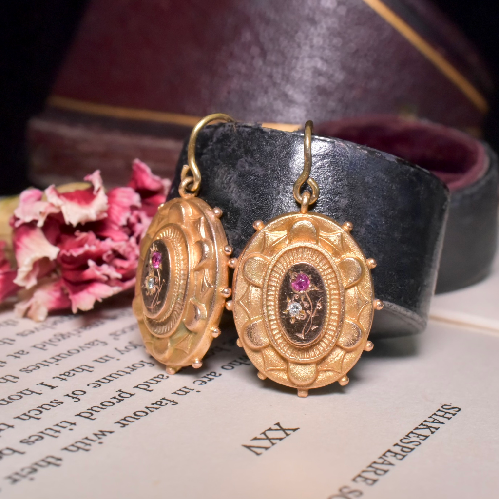 Antique Victorian 9ct Rose Gold Ruby And Diamond Earrings Circa 1900