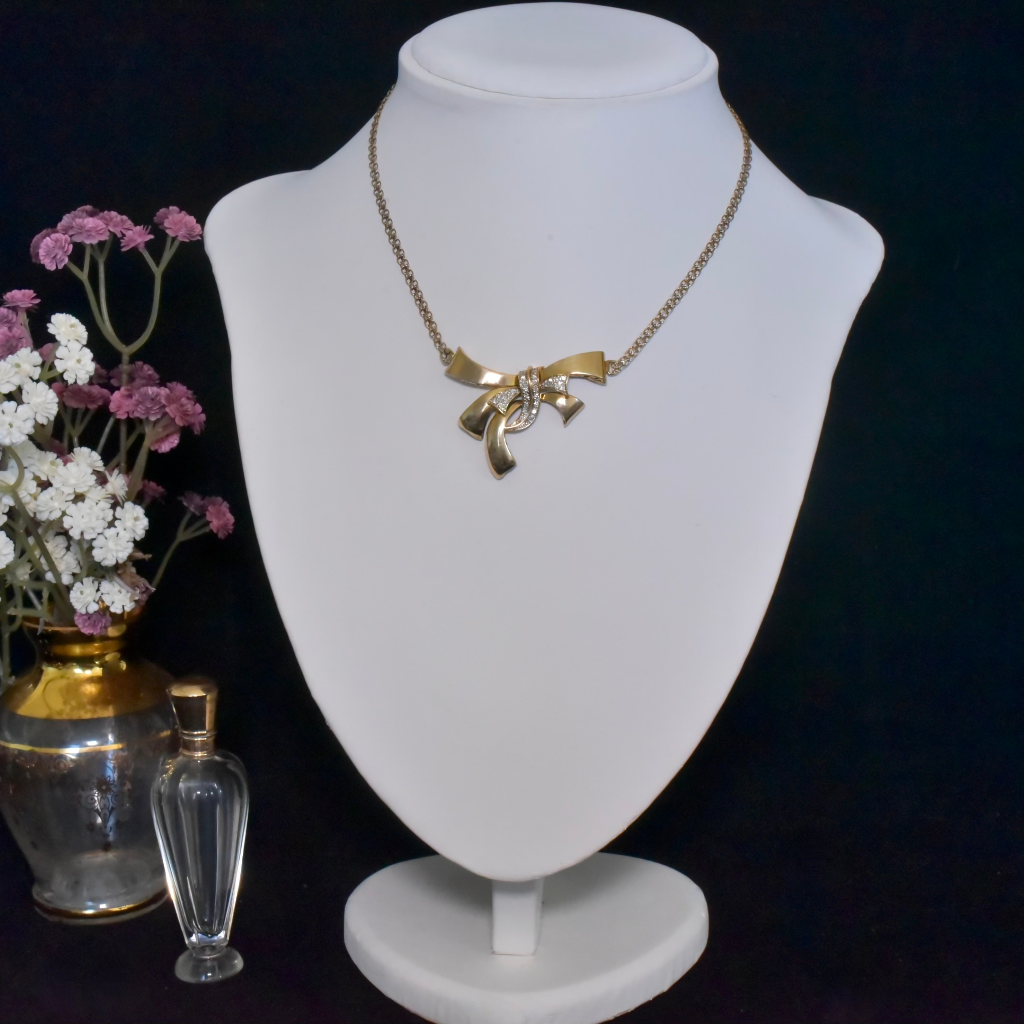 Modern 9ct Yellow Gold Diamond ‘Bow’ Necklace