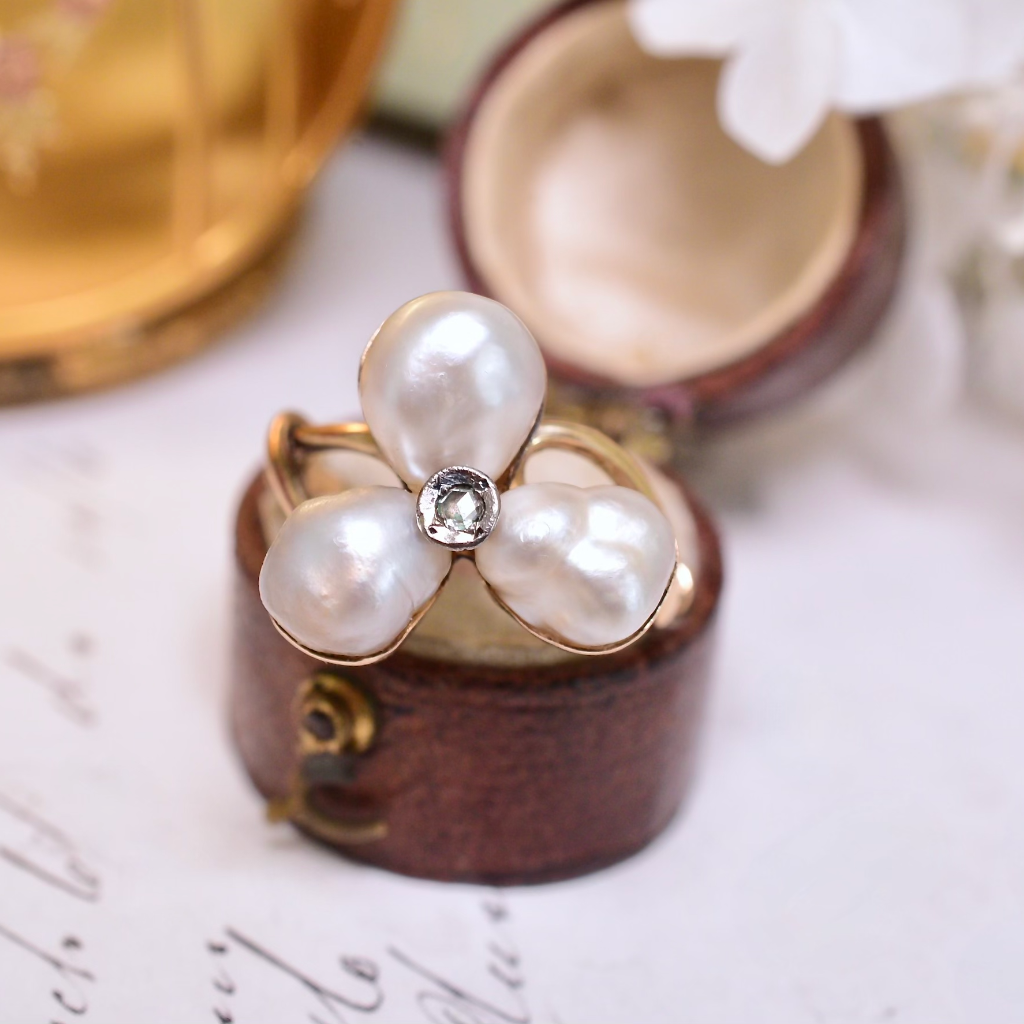 Antique Art Nouveau/Victorian Era 15ct Rose Gold Freshwater Pearl Rose Cut Diamond Ring