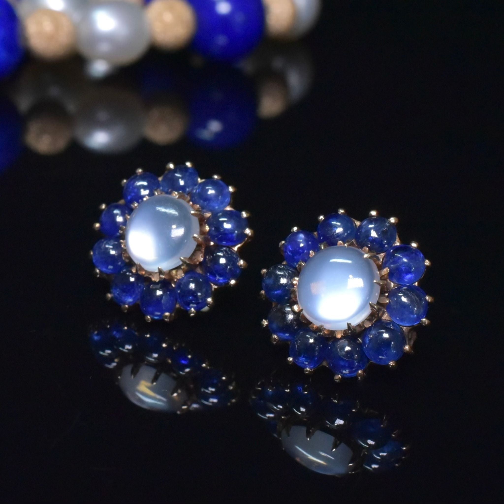 Fabulous Vintage 14ct (and 9ct Butterfly Backs) Yellow Gold Ceylon Moonstone And Sapphire Daisy Halo Earrings