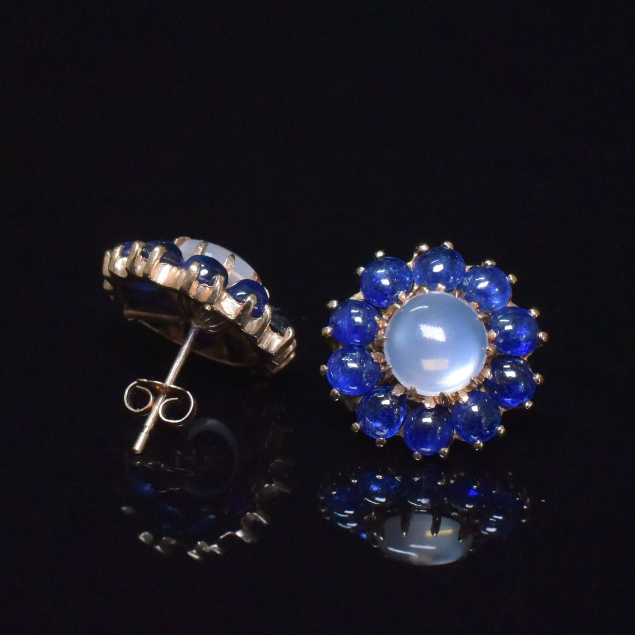 Fabulous Vintage 14ct (and 9ct Butterfly Backs) Yellow Gold Ceylon Moonstone And Sapphire Daisy Halo Earrings