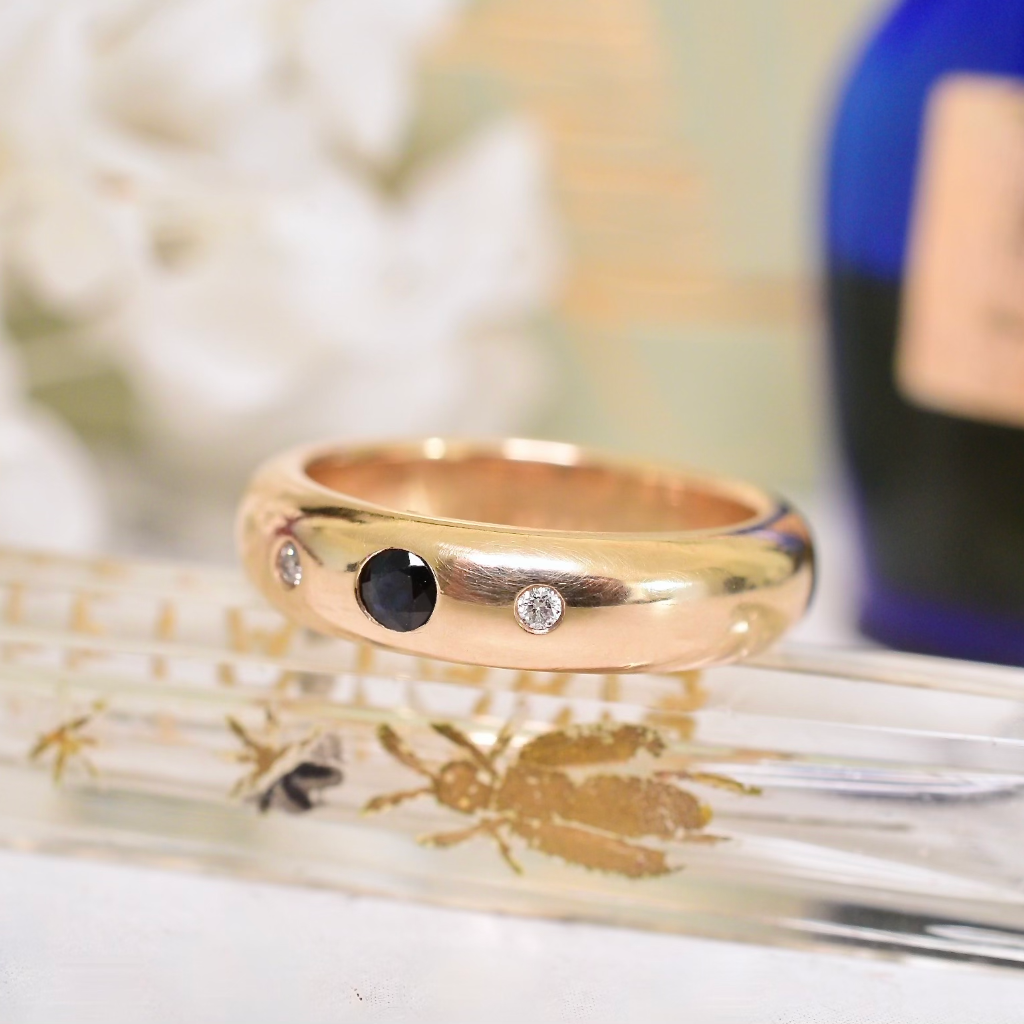 Modern 9ct Yellow Gold Diamond And Sapphire ‘Tube’ Ring