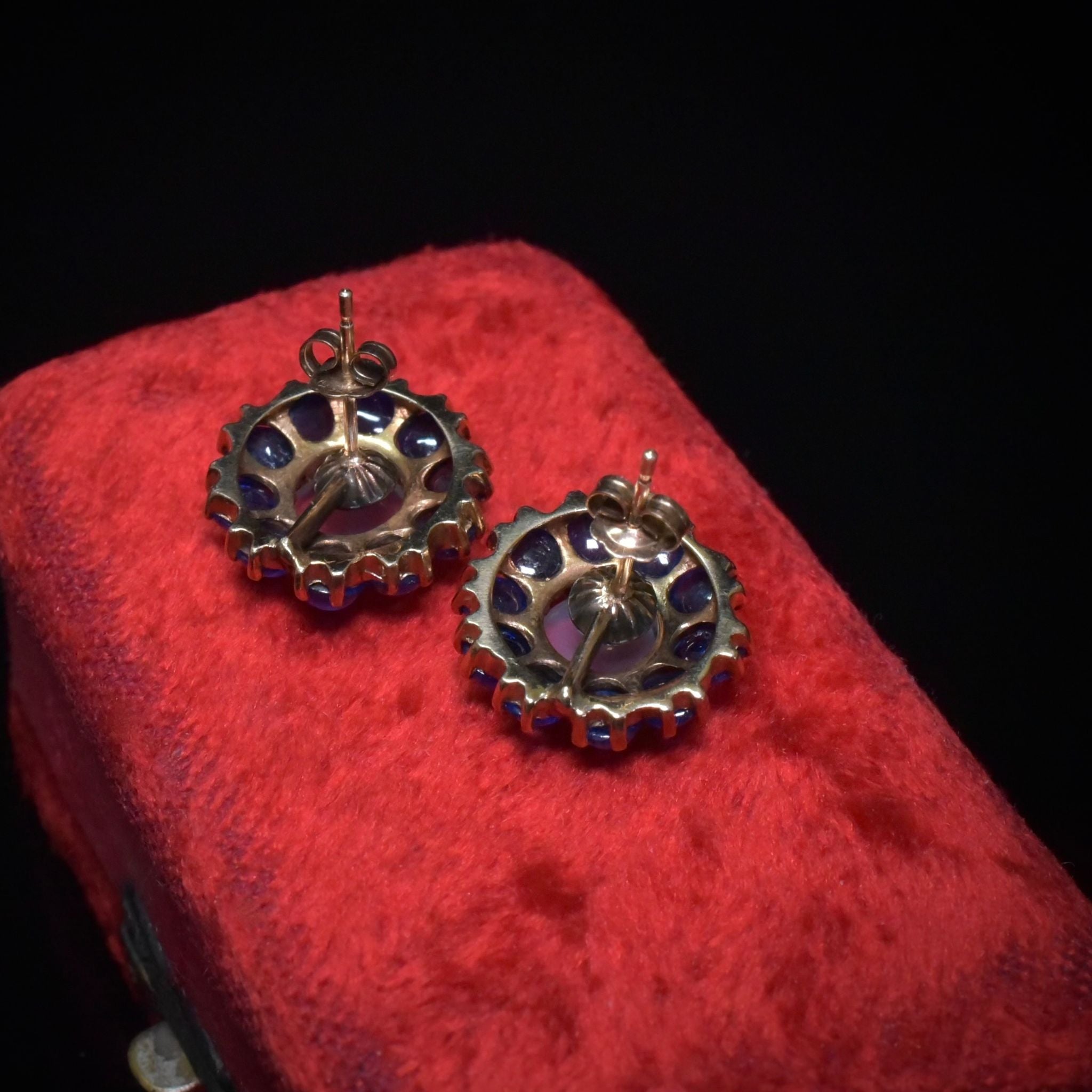 Fabulous Vintage 14ct (and 9ct Butterfly Backs) Yellow Gold Ceylon Moonstone And Sapphire Daisy Halo Earrings
