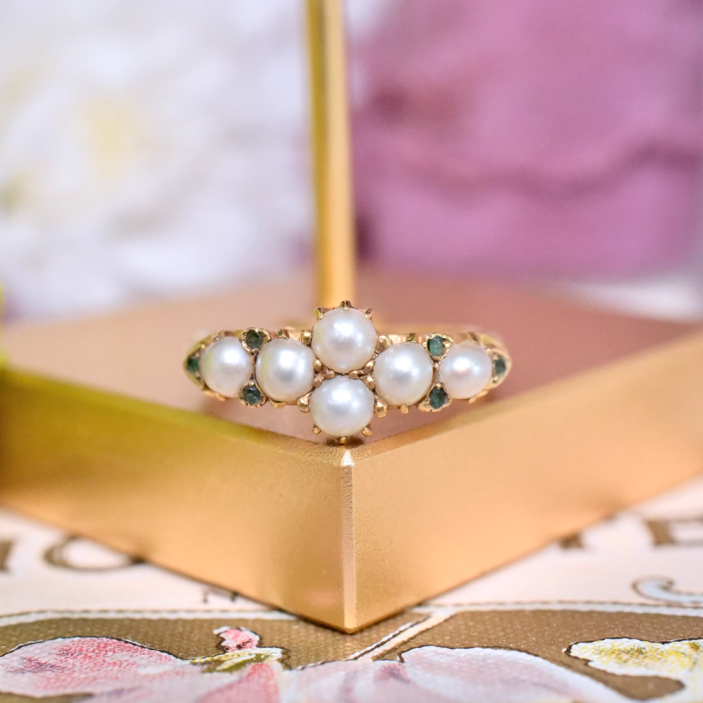 Antique Victorian 18ct Yellow Gold Half Pearl And Emerald Ring - 1898