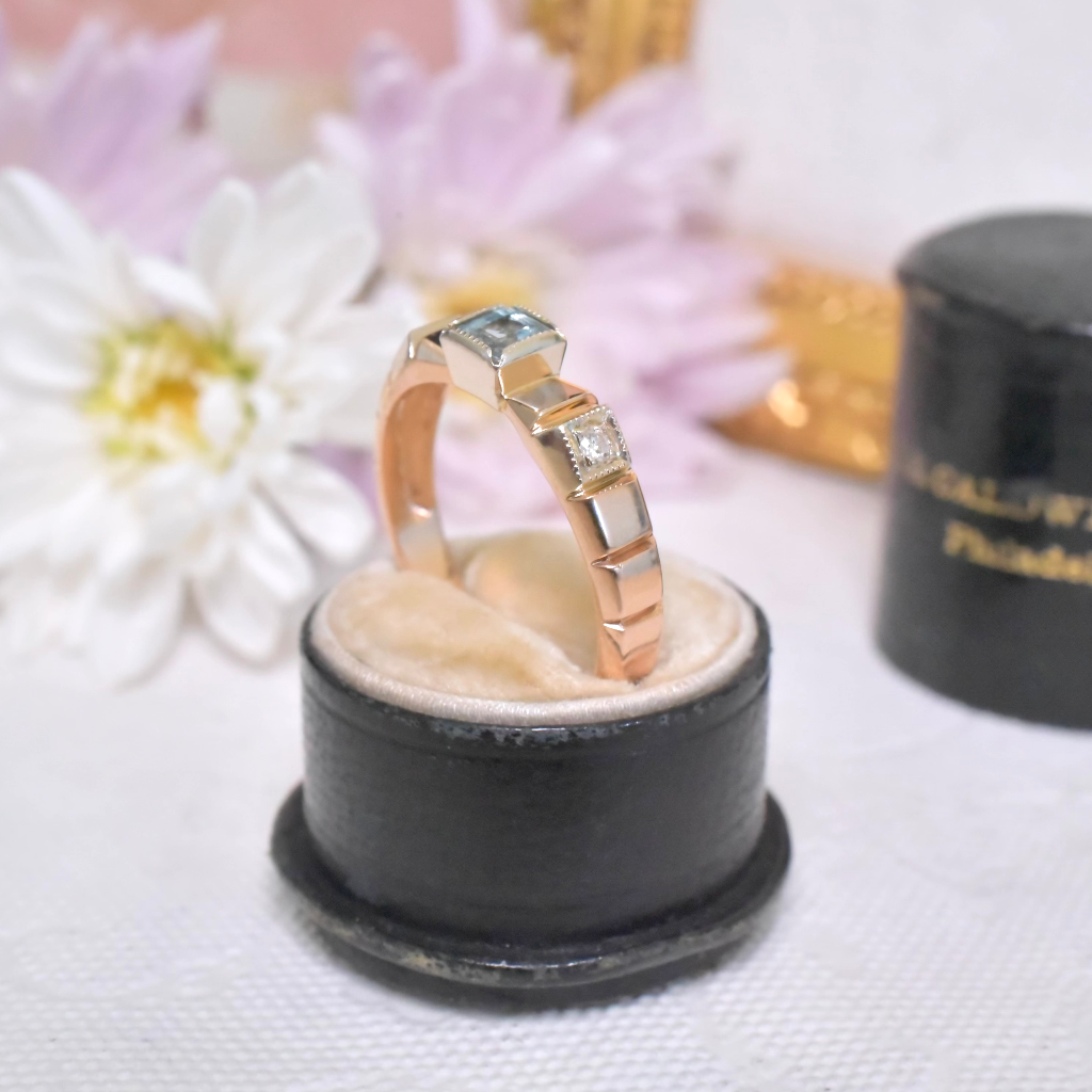 Vintage Russian 14ct Rose Gold Aquamarine And Diamond Ring