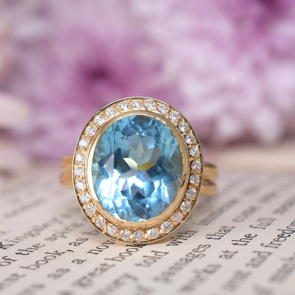 Modern 18ct Yellow Gold Topaz And Diamond Halo Ring Independent Valuation for $4265.00 AUD