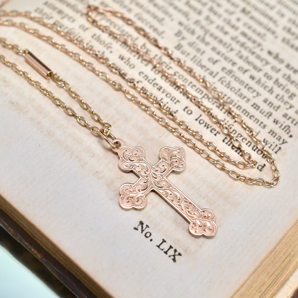 Antique Edwardian 9ct Rose Gold Chain And Crucifix - Birmingham 1904