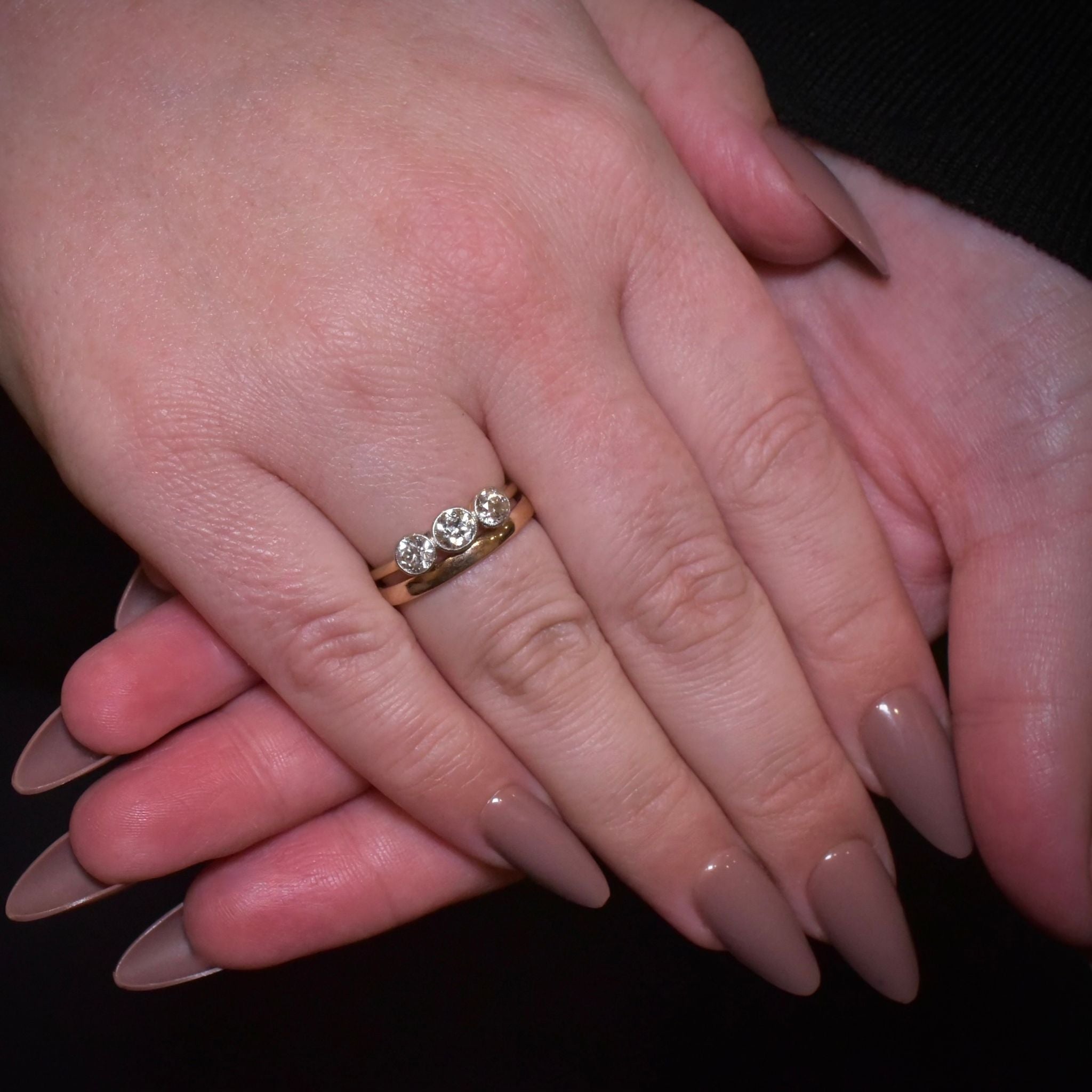 Antique Edwardian 18ct Yellow Gold and Platinum Diamond Trilogy Ring - 1.00ct
