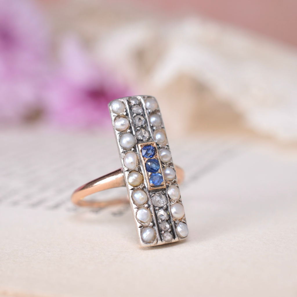 Art Deco Era 18ct Rose Gold Diamond Sapphire And Pearl Ring Circa 1920