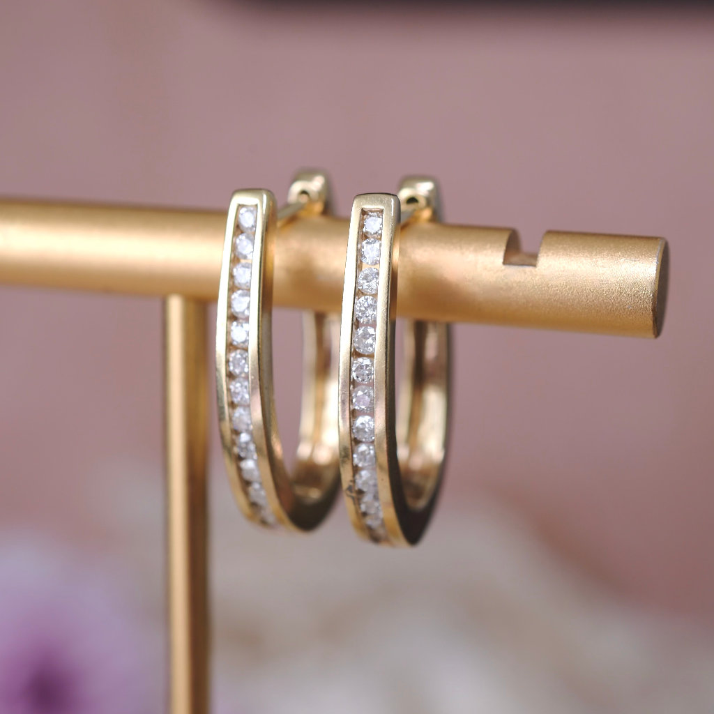 Modern 9ct Yellow Gold And Diamond Oval Huggie Style Earrings