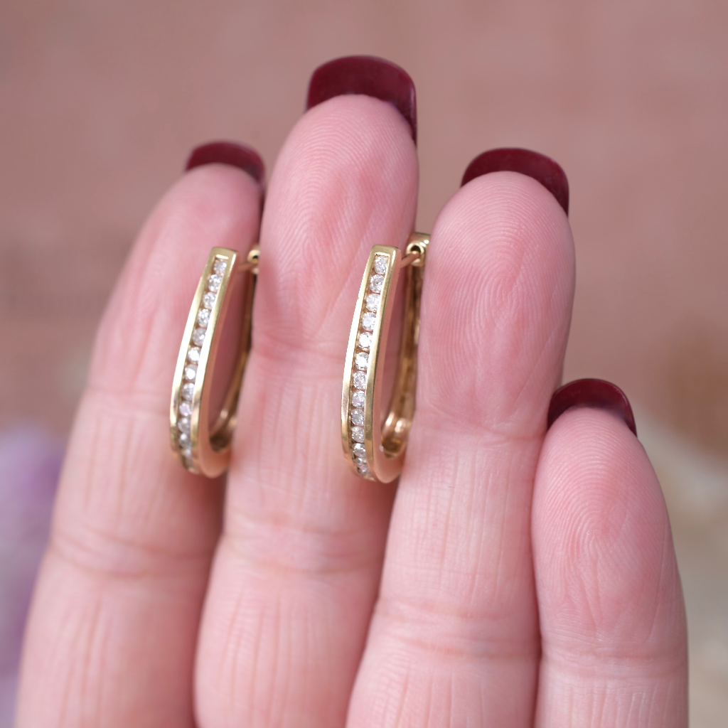 Modern 9ct Yellow Gold And Diamond Oval Huggie Style Earrings