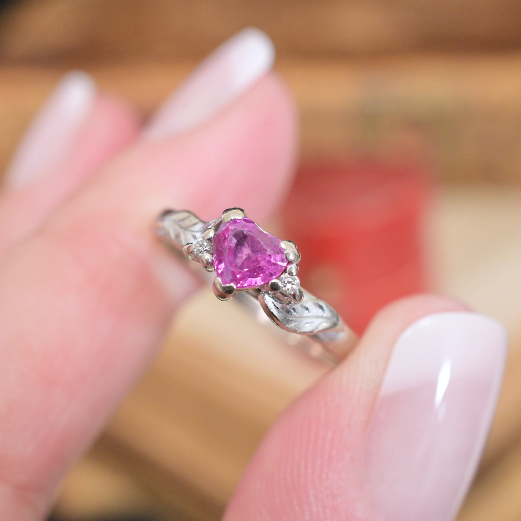 Contemporary 18ct White Gold Natural Pink Heart-Cut Sapphire And Diamond Ring Included in Purchase Independent Valuation from 2011 for $2,500 AUD