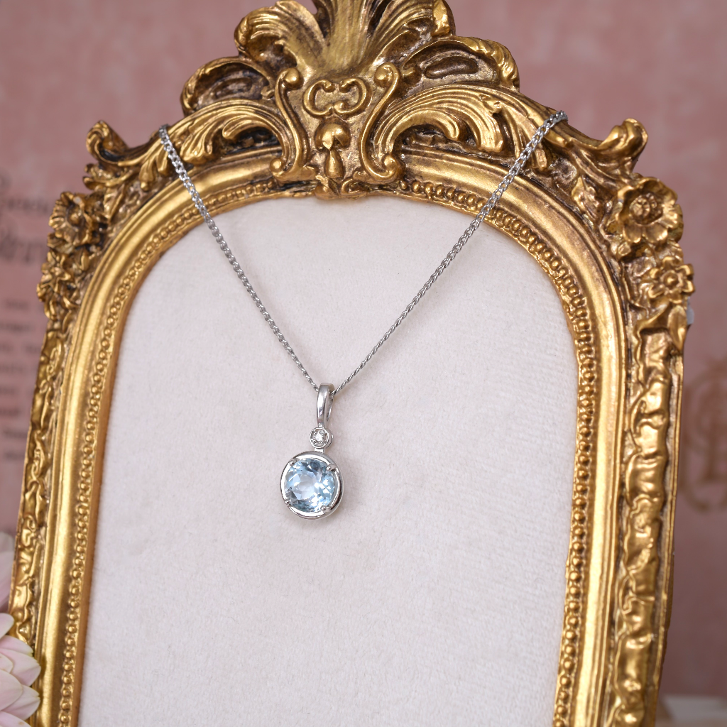 Modern 9ct White Gold Topaz And Diamond Pendant And 9ct Chain