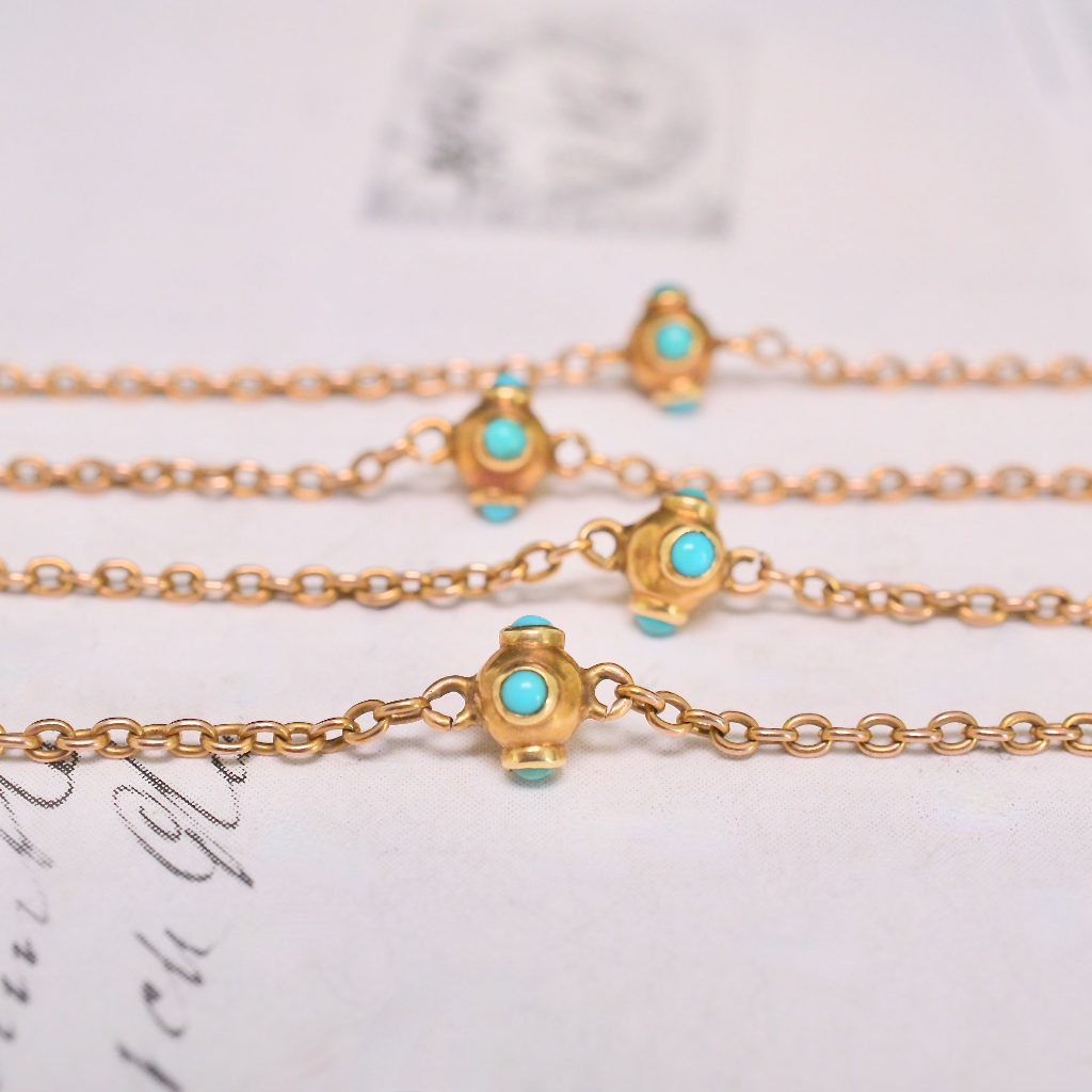 Antique Victorian 15ct Rose Gold Turquoise Long/Muff Chain - 88cm