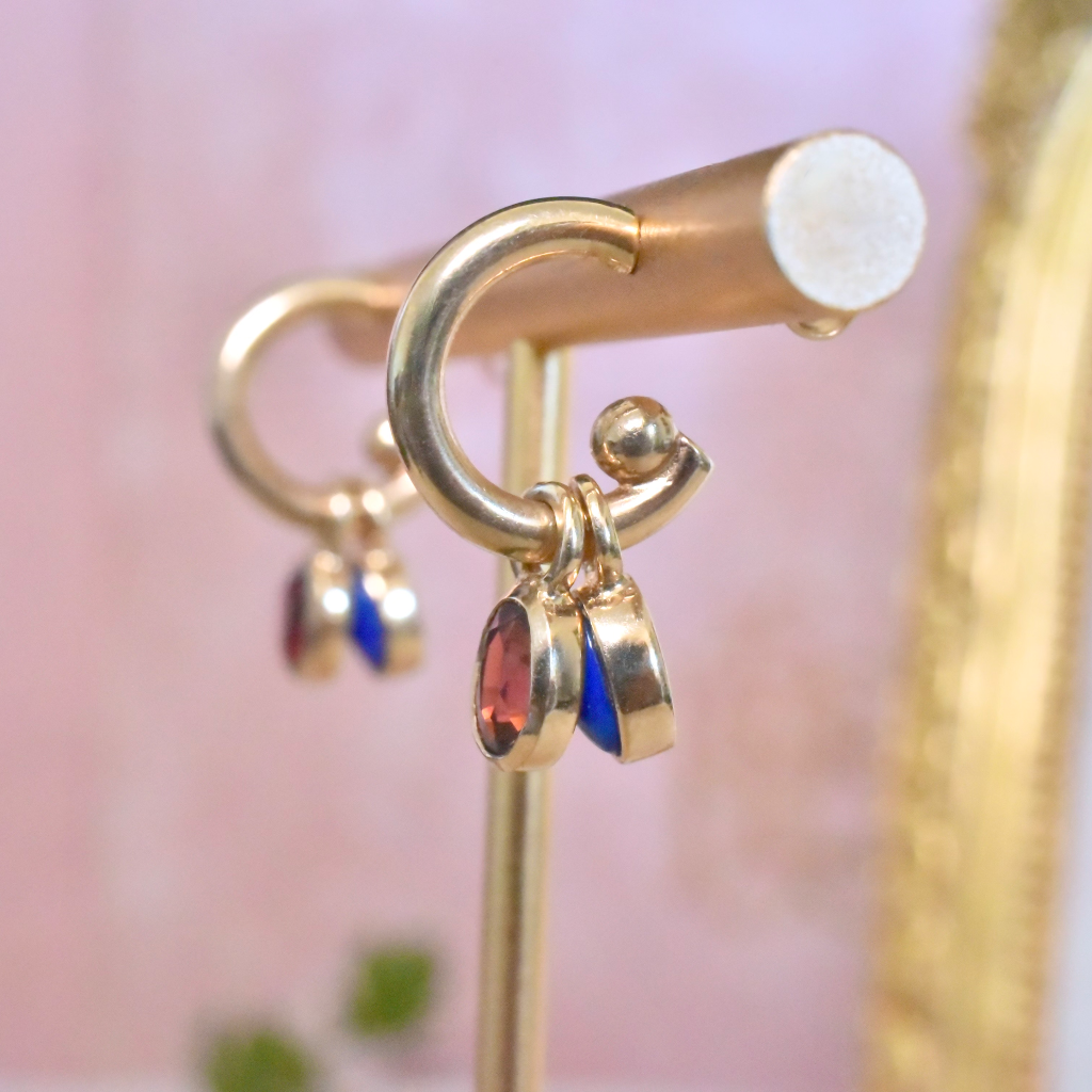 Modern 9ct Yellow Gold ‘Interchangeable’ Garnet And Lapis Lazuli Hoop Earrings