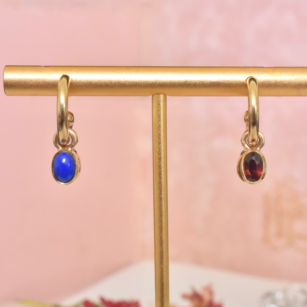 Modern 9ct Yellow Gold ‘Interchangeable’ Garnet And Lapis Lazuli Hoop Earrings