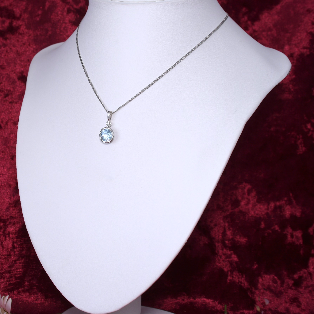 Modern 9ct White Gold Topaz And Diamond Pendant And 9ct Chain