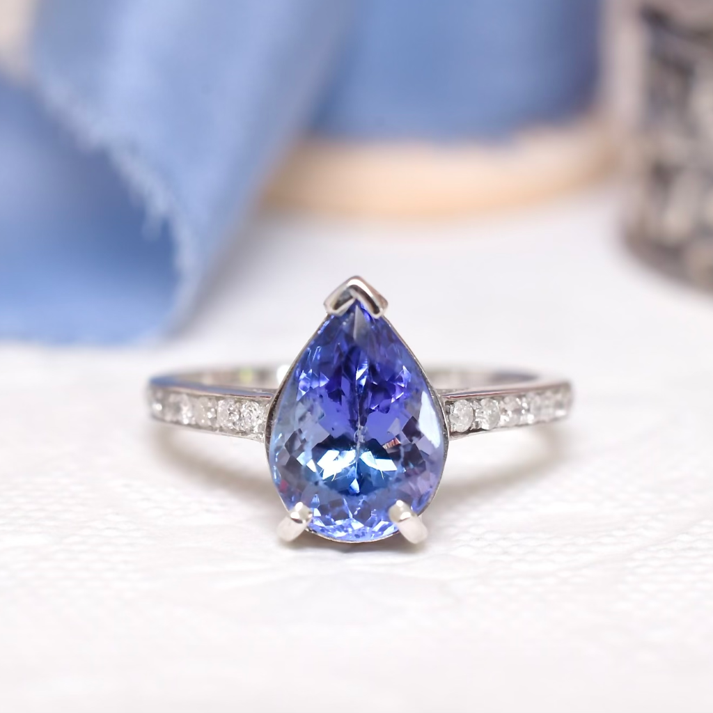 Modern 14ct White Gold Pear-Cut Tanzanite And Diamond Ring Valuation Included For $6,410 AUD