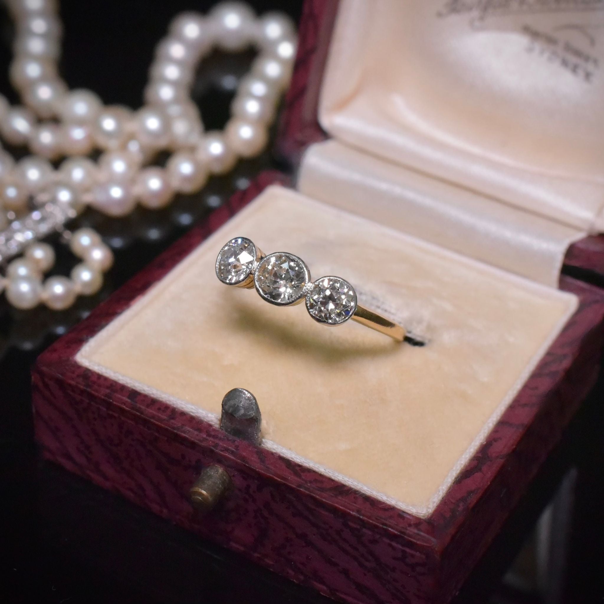 Antique Edwardian 18ct Yellow Gold and Platinum Diamond Trilogy Ring - 1.00ct