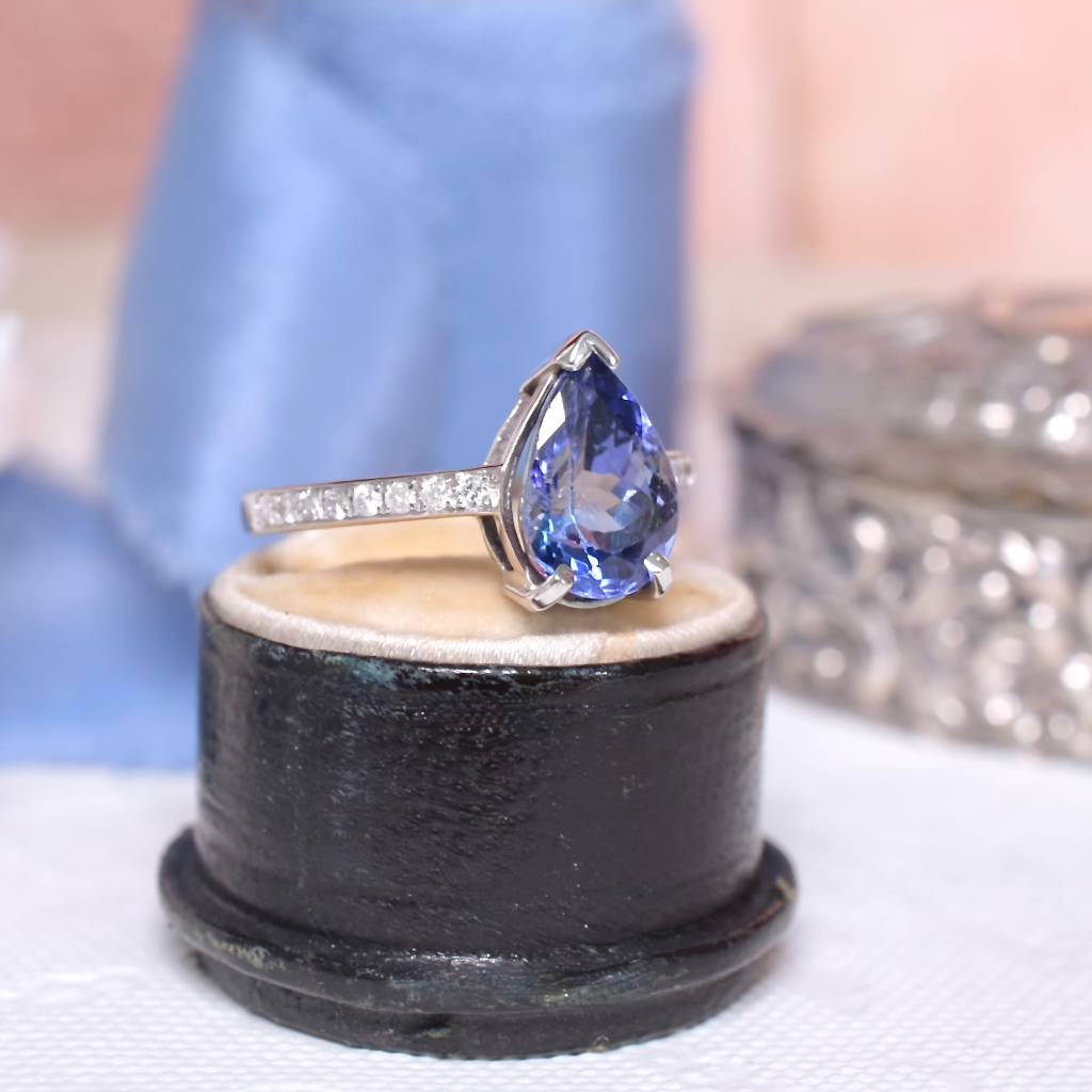 Modern 14ct White Gold Pear-Cut Tanzanite And Diamond Ring Valuation Included For $6,410 AUD