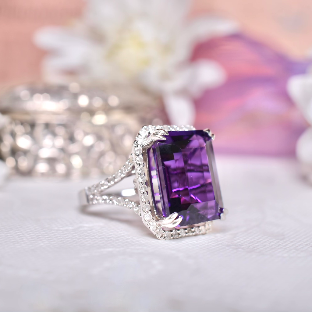 Contemporary 14ct White Gold Amethyst And Diamond Ring Independent Valuation Included $6290.00 AUD