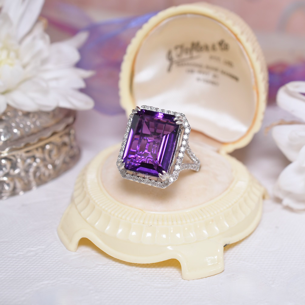 Contemporary 14ct White Gold Amethyst And Diamond Ring Independent Valuation Included $6290.00 AUD