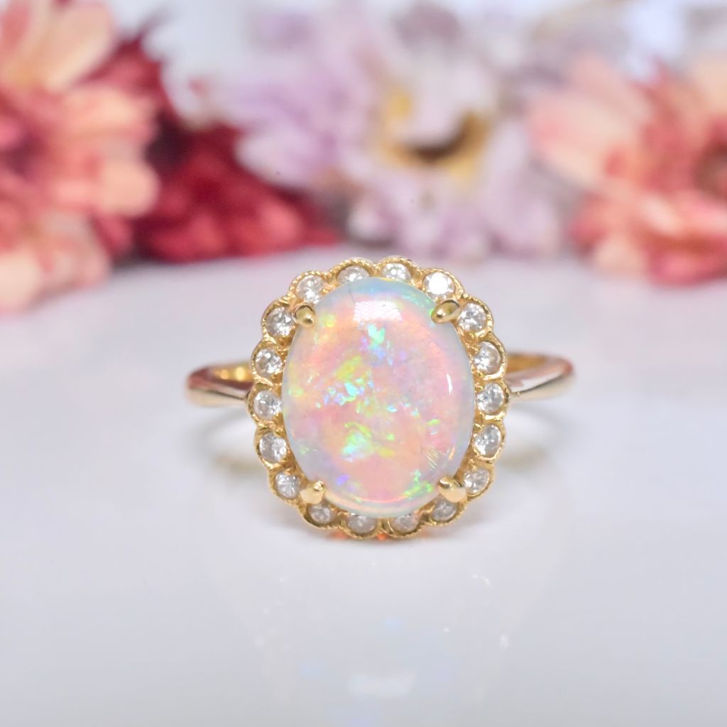 Modern 18ct Yellow Gold Solid Dark Crystal Opal And Diamond Ring