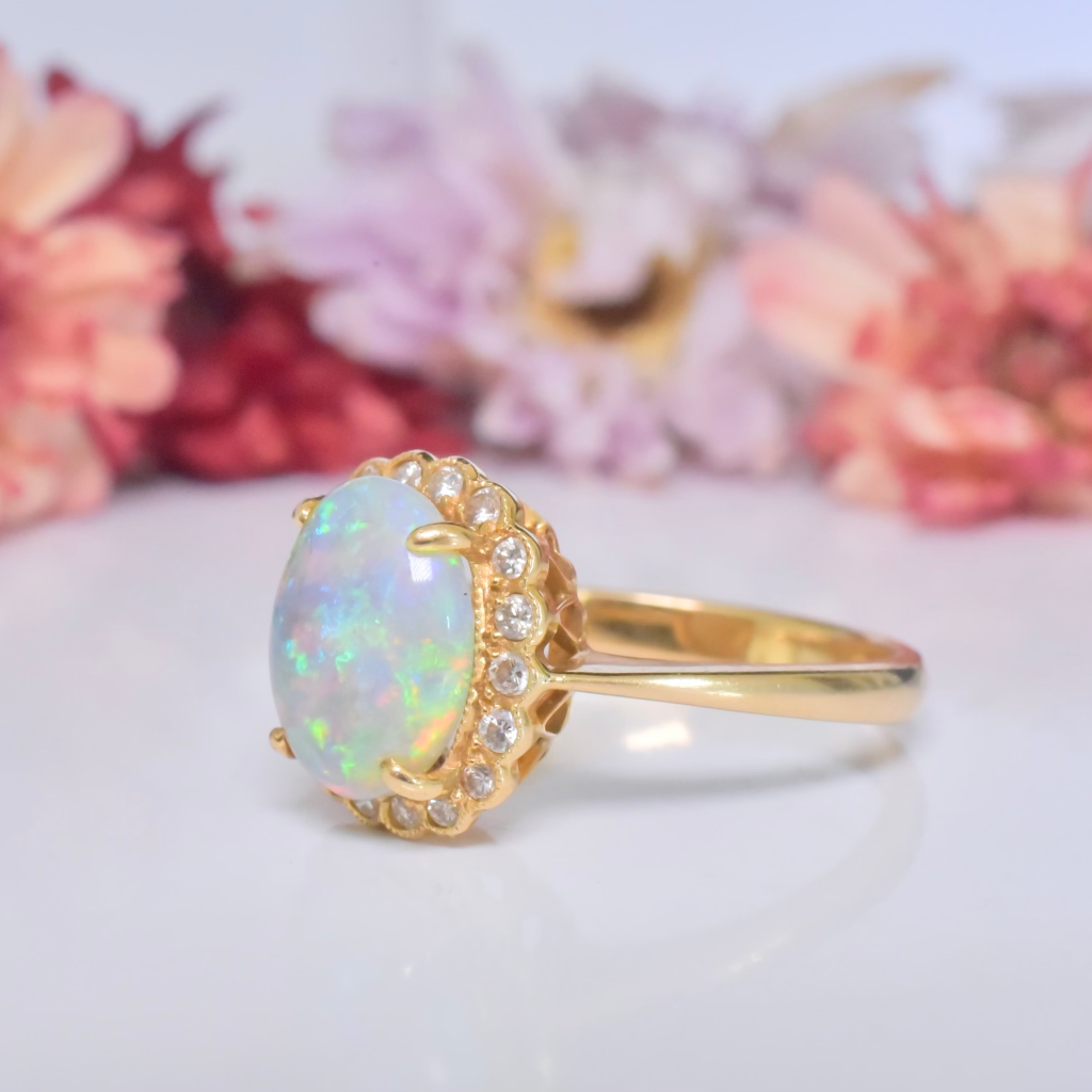 Modern 18ct Yellow Gold Solid Dark Crystal Opal And Diamond Ring