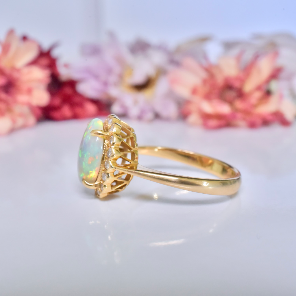 Modern 18ct Yellow Gold Solid Dark Crystal Opal And Diamond Ring