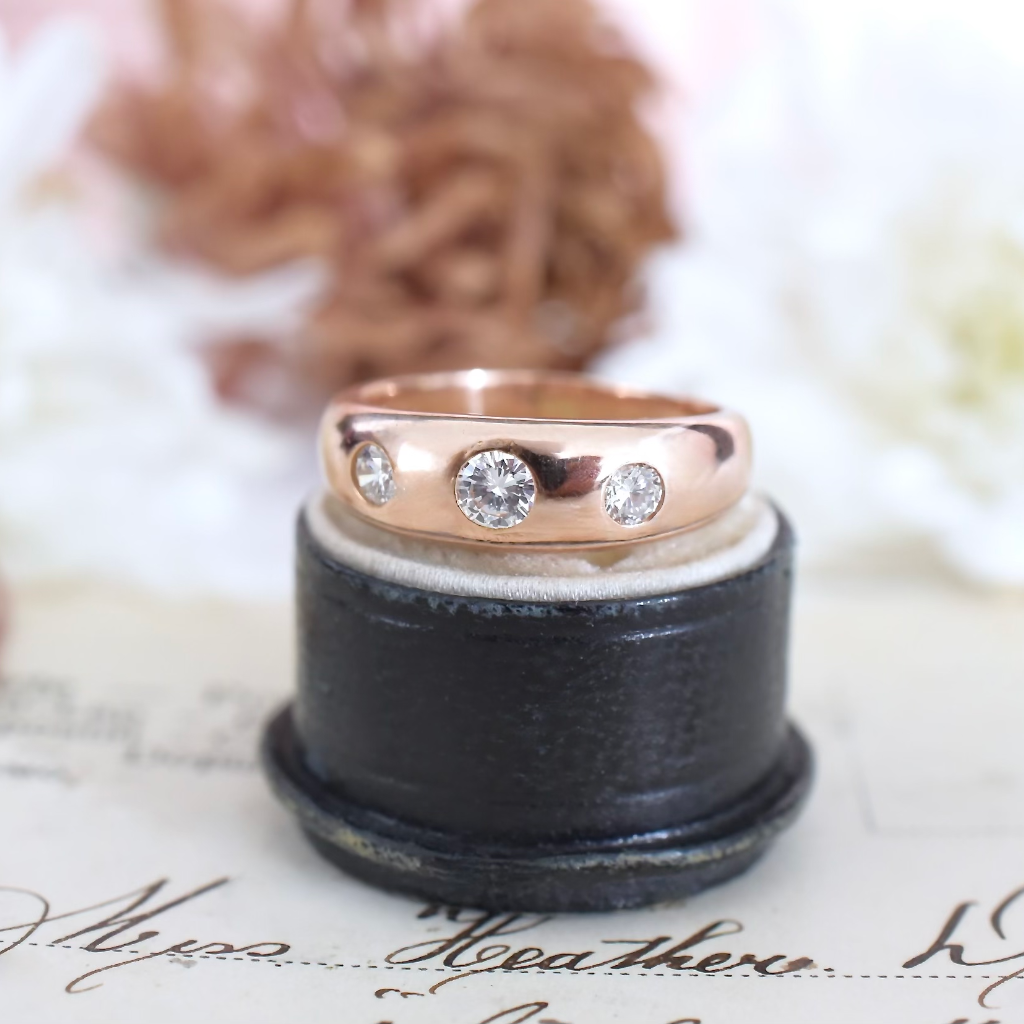 Modern 18ct Rose Gold Gypsy Style Three Diamond Ring