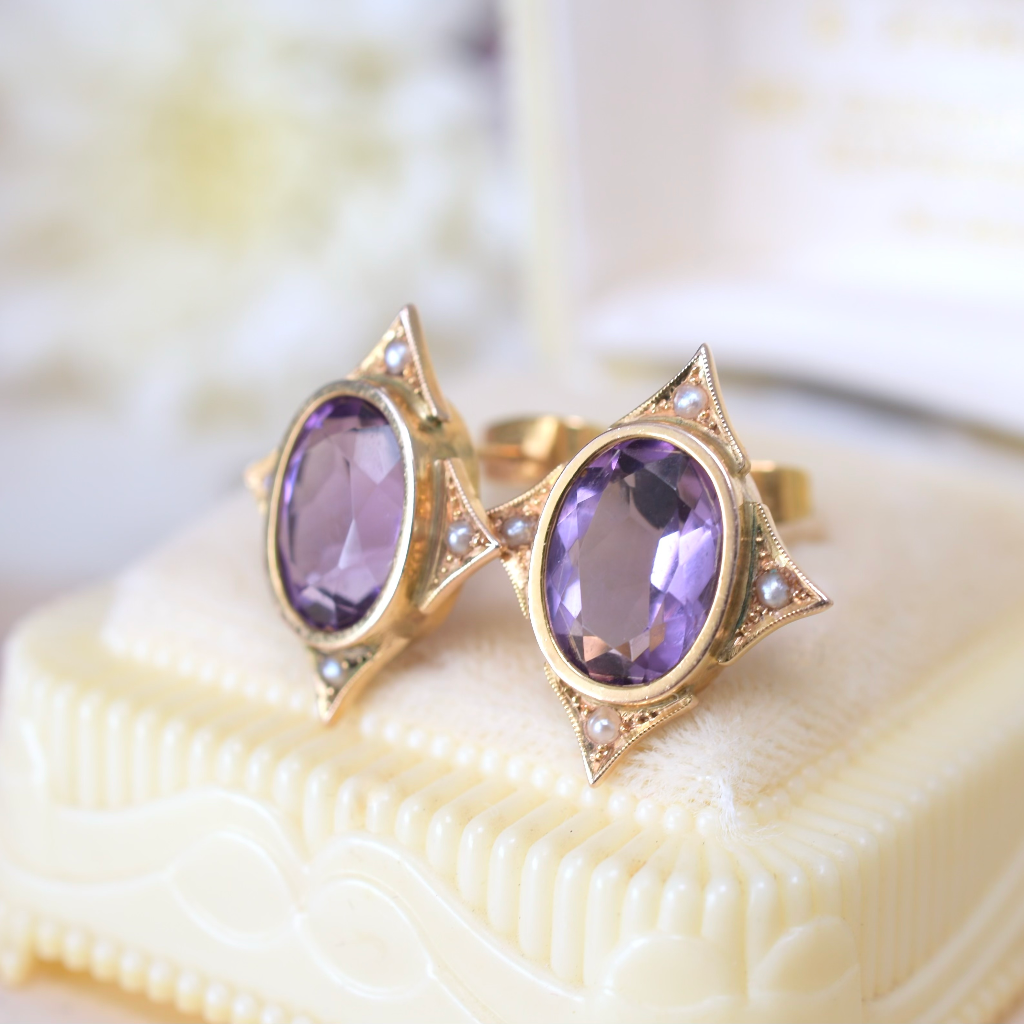 Vintage 9ct Yellow Gold Amethyst And Seed Pearl Earrings