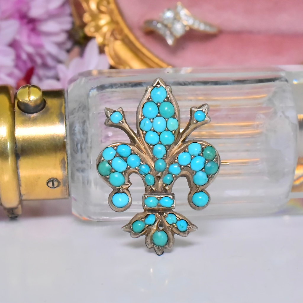 Antique Victorian Silver And Turquoise Fleur-De-Lys Brooch Circa 1880-90