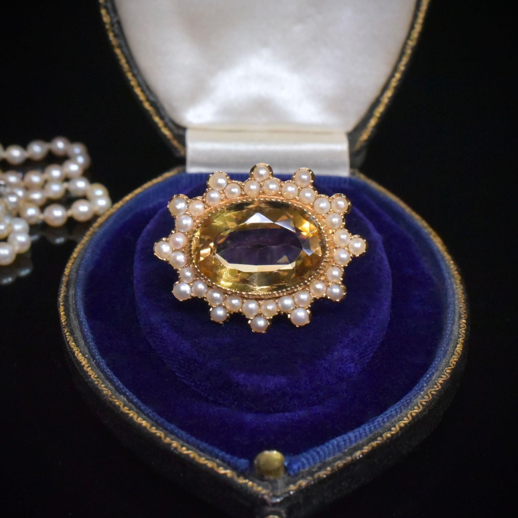 Antique Victorian 15ct Gold Citrine And Half Pearl Brooch Circa 1900