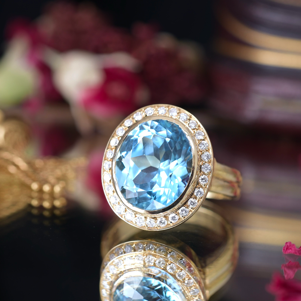 Modern 18ct Yellow Gold Topaz And Diamond Halo Ring Independent Valuation for $4265.00 AUD