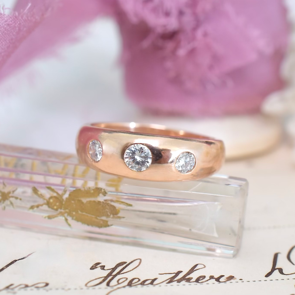 Modern 18ct Rose Gold Gypsy Style Three Diamond Ring