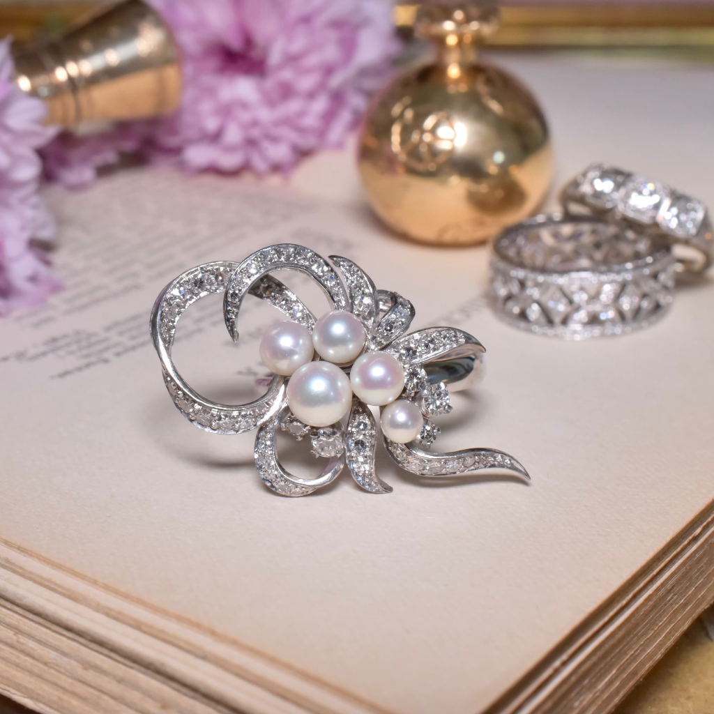Vintage Retro Era 18ct (And 9ct) Diamond And Pearl Cocktail Ring Circa 1940’s
