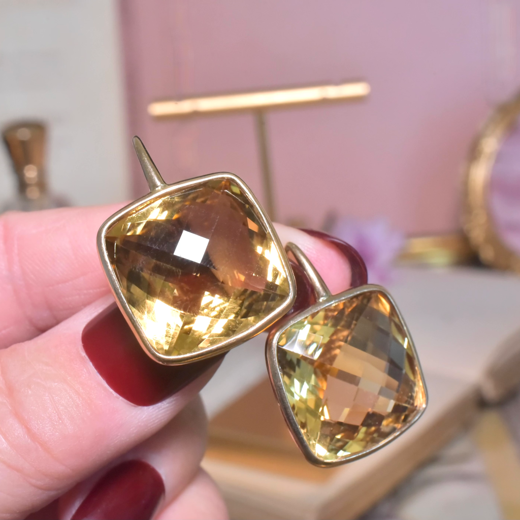 Modern 9ct Yellow Gold Checkerboard Cut Citrine Earrings - 36ct