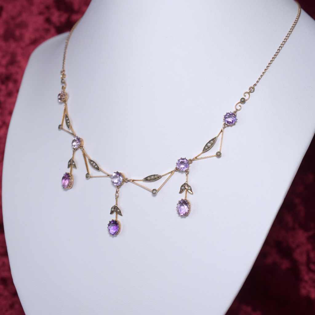 Antique Edwardian 9ct Rose Gold Amethyst Pearl Fringe Necklace Circa 1910