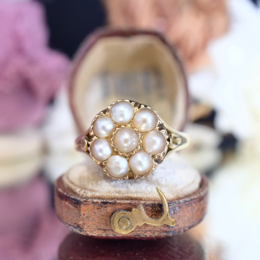 Antique Victorian 18ct Yellow Gold Daisy Halo Pearl Ring Circa 1900